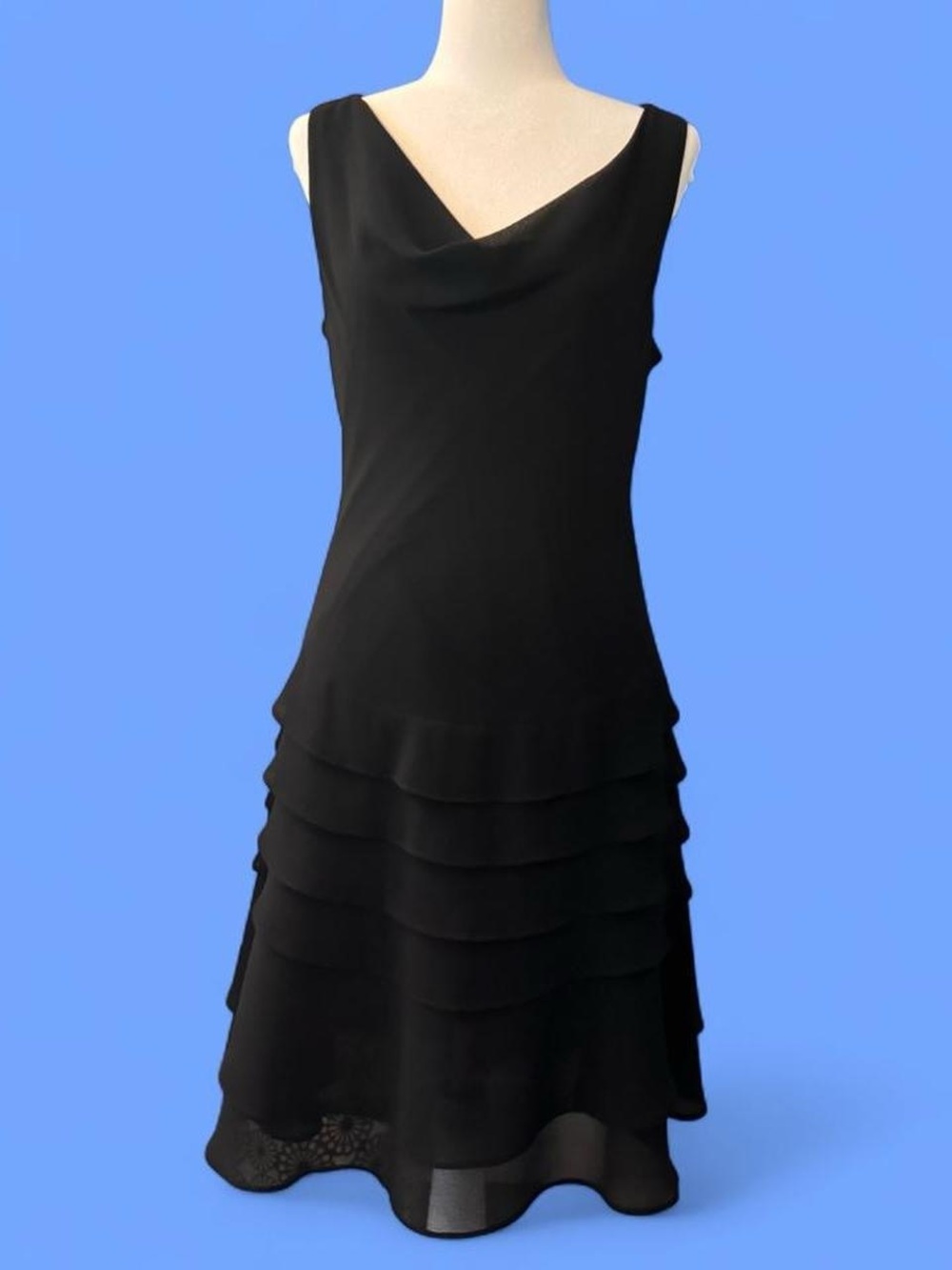 Sleeveless Black Cowl-Neck Tiered Midi Dress